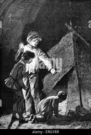 Les Miserables di Victor Hugo. Pubblicato per la prima volta 1862. Illustrazione originale da Emile Bayard. La didascalia recita: Poco gavroche. Foto Stock