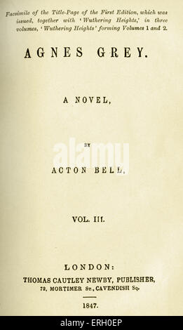Agnes grigio. Pagina del titolo della prima edizione di Agnes grigio, romanzo di Anne Brontë. Pubblicato da Thomas Cautley Newby Publisher, Foto Stock