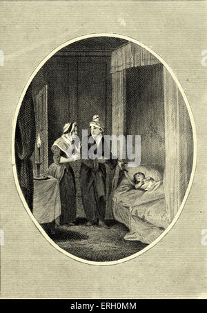 Henry Fielding - "la storia di Tom Jones: un Foundling' - pubblicato per la prima volta 1749. La didascalia recita: "La scoperta del Foundling in Mr Allworthy's bed. " Libro io Ch III (1817 illustrazione) romanziere inglese e drammaturgo: 22 Aprile 1707 - 8 Ottobre 1754 Foto Stock