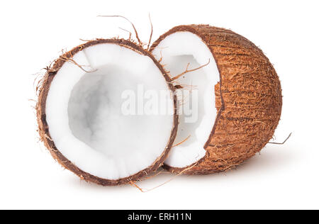 Due metà di noce di cocco isolati su sfondo bianco Foto Stock