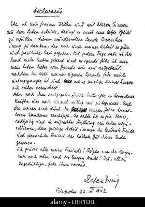 Fascimile della StefanZweig l'ultimo messaggio. Petropolis, 22.02,1942. SZ: scrittore austriaco, biografo, diarist, saggista, romanziere, drammaturgo, poeta e traduttore 28 Novembre 1881 - 22 febbraio 1942. Foto Stock