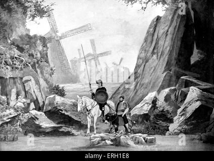 Don Chisciotte / Quichotte e Sanhco Panza con il mulino a vento in background. Don Quichotte da Jean Richepin a Comedie Foto Stock