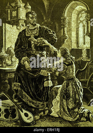 Otello (ATTO IV Scena 2) Play by William Shakespeare. . "Othello: perché ciò che sei tu? Desdemona: tua moglie, mio signore il tuo vero e loayl moglie.' disegnata da C Gregorio, inciso da E. Bure. WS: Inglese poeta e drammaturgo battezzato 26 Aprile 1564 - 23 aprile 1616. Da 'Racconti da Shakespeare' di Charles e Mary Lamb, 1807. Foto Stock