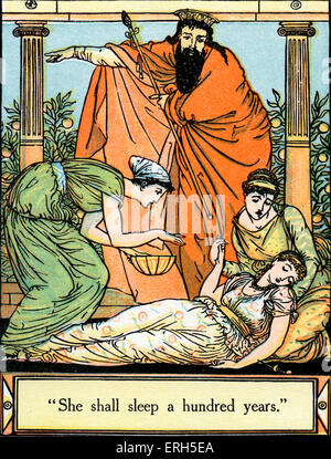 Sleeping Beauty scritto ed illustrato da Walter Crane e pubblicato nel 1914. La scena raffigura la Bella Addormentata sotto l'incantesimo della fata malvagia, serviti da cortigiani e re. La didascalia recita "egli deve dormire un centinaio di anni". WC: artista inglese e illustratore di libri, 15 agosto 1845 - 14 Marzo 1915. Foto Stock