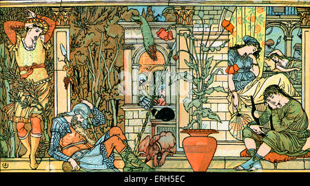 Sleeping Beauty scritto ed illustrato da Walter Crane e pubblicato nel 1914. La scena raffigura i cortigiani e le protezioni sotto Foto Stock