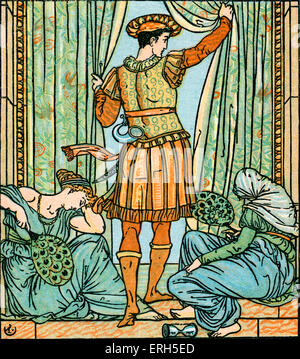 Sleeping Beauty scritto ed illustrato da Walter Crane e pubblicato nel 1914. La scena raffigura il principe analizzando il Foto Stock