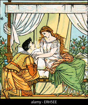 Sleeping Beauty scritto ed illustrato da Walter Crane e pubblicato nel 1914. La scena raffigura il principe sonno veglia Foto Stock