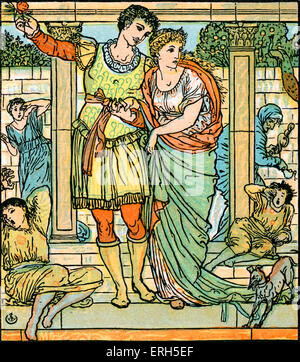 Sleeping Beauty scritto ed illustrato da Walter Crane e pubblicato nel 1914. La scena raffigura il principe dorme leader Foto Stock