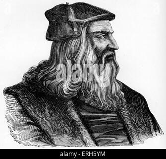 Leonardo da Vinci - Italian Renaissance pittore, scultore, scrittore, scienziato, architetto e ingegnere. Veneziano di incisione Foto Stock