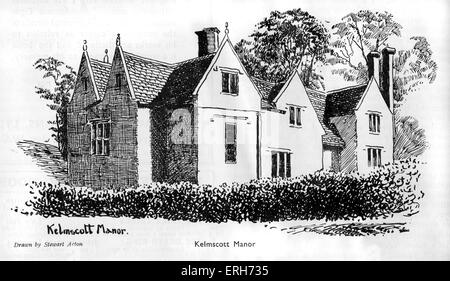 Kelmscott Manor, casa di William Morris, che fondò la Kelmscott premere nel gennaio 1891. Disegno da Stewart Acton. WM: artista inglese, scrittore e socialista, 24 marzo 1834 - 3 ottobre 1896. Foto Stock