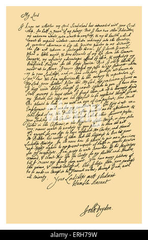 Autograph: Lettera da John Dryden a Laurence Hyde, Earl of Rochester. Dryden mendica per un semestre di stipendio come poeta laureato Foto Stock