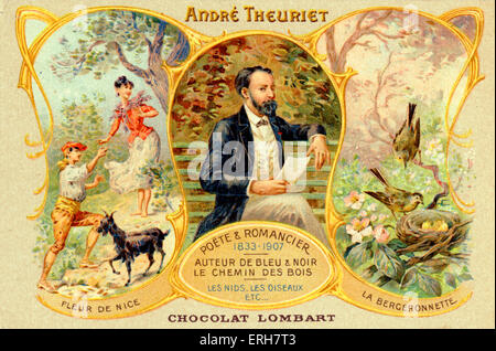 André Theuriet - ritratto su Chocolat Lomart scheda di pubblicità. Poeta francese e romanziere, 1833-1907. Con le immagini dei bambini Foto Stock