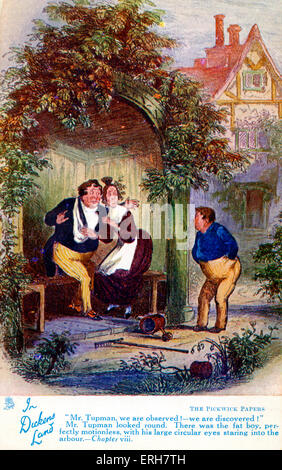 The Pickwick Papers da Charles Dickens. Capitolo 8: ' 'Mr Tupman, siamo rispettati! - Abbiamo scoperto!' signor tupman guardò attorno. Vi è stato il fat boy, perfettamente fermo, con i suoi grandi occhi circolari a guardare nel pergolato.' romanziere inglese 7 Febbraio 1812 - 9 giugno 1870. (In Dickens terra serie, Raphael Tuck) Foto Stock