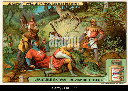 La battaglia con il Drago - ballata di Friedrich Schiller Scudieri di trovare il cavaliere che è svenuta. Titolo tedesco: Der Kampf mit dem Drachen. (Liebig carte collezionabili. Serie: Le combattere avec le Dragon). No. 4. FS: poeta tedesco, 10 novembre 1759 - 9 maggio 1805. Foto Stock