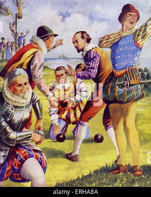 Francis Drake (1540-1596) giocando a bocce prima dell'armata spagnola. La didascalia recita: "L'Armada deve attendere fino a quando non ho finito il mio gioco'. Drake, secondo in comando della flotta inglese, è andato a sconfiggere la Armada (1588). Dopo una illustrazione di F. stock può. Foto Stock