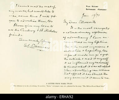 Una lettera inviata da Mark Twain (1835-1910) per l'editore William Ellsworth (1791-1868). La lettera si legge: 'My Cari Ellsworth, Foto Stock