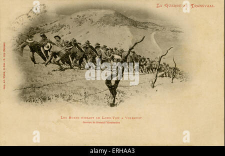 Boers trascinando il cannone a Volkrust in Transvaal, Sud Africa, su operazioni come parte della seconda guerra boera (1899-1902). Didascalie leggere: "La Guerre au Transvaal' (la guerra del Transvaal), e 'Les Boers Hissant le Long-Tom un Volkrust'. Un lungo-tom era un nome generico dato campo di artiglieria. Foto Stock