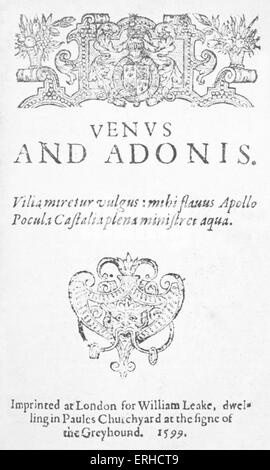 Frontespizio del 'Venere e Adone", 1599. Poesia di William Shakespeare con una trama basata sui passaggi da Ovidio 'Metamorphoses'. Foto Stock