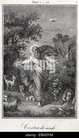 La Bibbia, la creazione del mondo - Dio crea gli animali e la natura. Genesi Foto Stock