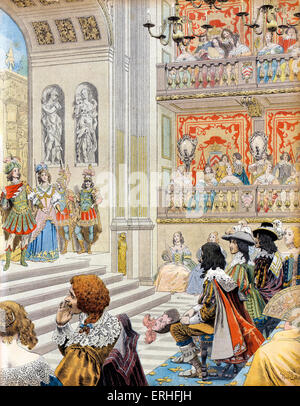Teatro francese del XVII secolo: un gioco eseguito sul palco di fronte di nobiltà e di royalty. Udienza in moda del Foto Stock