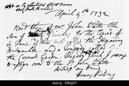Henry Fielding - il romanziere inglese e drammaturgo 's firma su una ricevuta per il pagamento per le due rappresentazioni, datata 4 aprile 1732. 22 Aprile 1707 - 8 ottobre 1754. Foto Stock