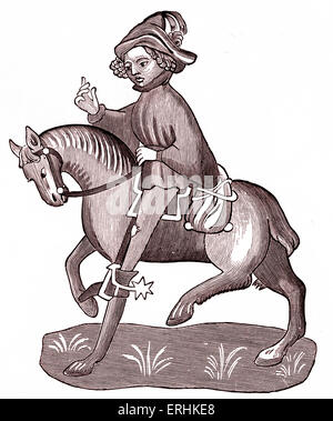 Geoffrey Chaucer è il Canon di Yeoman a cavallo - dai racconti di Canterbury. c. 1343-1400. Ellesemere manoscritto di Foto Stock