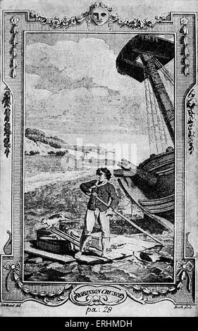 "Robinson Crusoe' - romanzo di Daniel Defoe, pubblicato per la prima volta nel 1719. Illustrazione di Robinson Crusoe abandonning naufrago Foto Stock