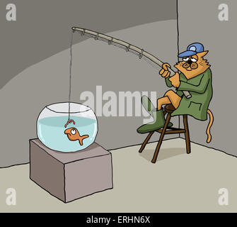 Funny cartoon circa cat la pesca a casa Foto Stock