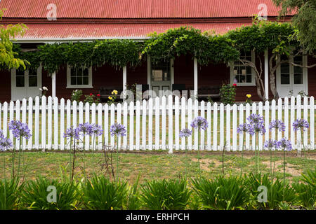 Dettaglio di un stagno casa coperta con portico, white Picket Fence agapanthus e fiori, Nuova Zelanda. Foto Stock