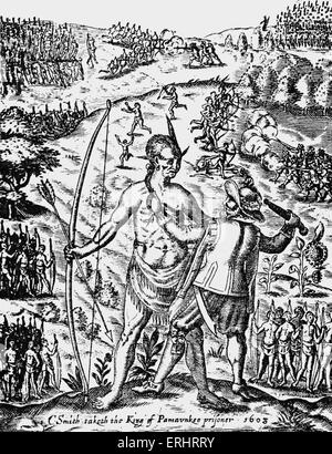 "La storia generale della Virginia' - da John Smith. La didascalia recita: "John Smith prende il re del prigioniero Pamaunkee 1608'. Foto Stock