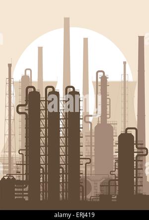 Raffineria di petrolio o impianto chimico silhouette. Dettagliata illustrazione vettoriale. Illustrazione Vettoriale