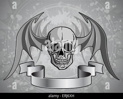 Cranio umano con whings e il nastro su grunge background. Illustrazione Vettoriale. Illustrazione Vettoriale