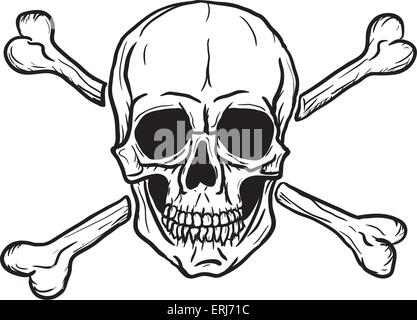 Cranio e Crossbones isolate su sfondo bianco. Disegno a mano libera. Illustrazione Vettoriale