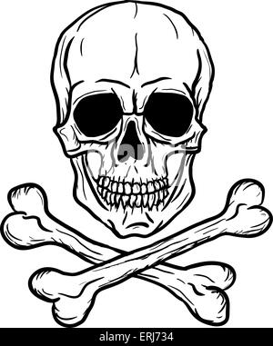 Cranio e Crossbones isolate su sfondo bianco. Disegno a mano libera. Illustrazione Vettoriale