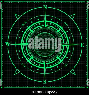 Il radar rosa dei venti con globo. Illustrazione Vettoriale. Illustrazione Vettoriale