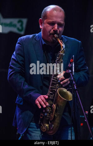 Torino, Italia. 02Giugno, 2015. Il sassofonista Stefano di Battista, alla quarta edizione del Torino Jazz Festival. © Elena Aquila/Pacific Press/Alamy Live News Foto Stock