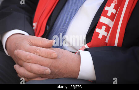 Stuttgart, Germania. 03 Giugno, 2015. Il Presidente tedesco Joachim Gauck indossa una sciarpa in apertura servizio di culto al 2015 Chiesa Evangelica Tedesca congresso a Stoccarda, Germania, 03 giugno 2015. Foto: MARIJAN MURAT/dpa/Alamy Live News Foto Stock