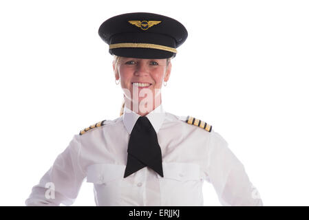 Femmina pilota senior in uniforme e che indossa il suo cappello e un cravat Foto Stock