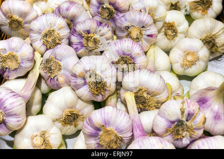 Un sacco di bulbi di aglio visto su un mercato Foto Stock