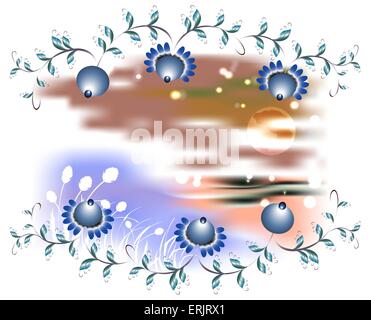 Paesaggio in cornice di fiori blu. EPS10 illustrazione vettoriale Illustrazione Vettoriale