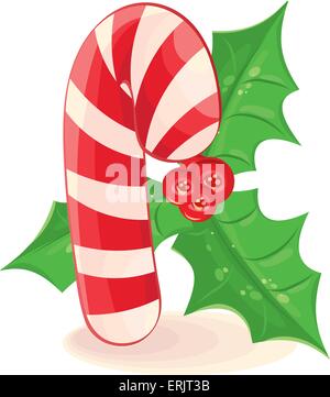 Caramella di Natale e un ramo di vischio. Illustrazione Vettoriale su sfondo bianco Illustrazione Vettoriale