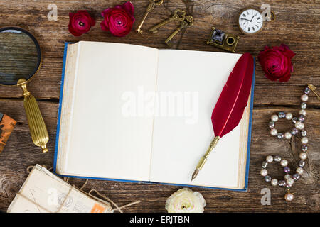 Penna di piuma e aprire il libro bianco Foto Stock