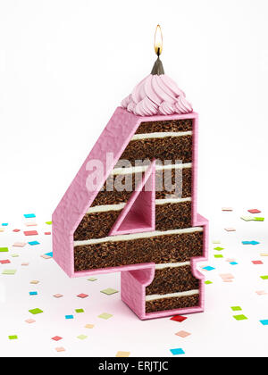 Il numero 4 al cioccolato a forma di torta di compleanno con candela accesa. Foto Stock