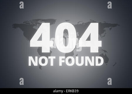 404 Non trovato messaggio sullo schermo tecnologico sul mondo oscuro sfondo della mappa. Foto Stock