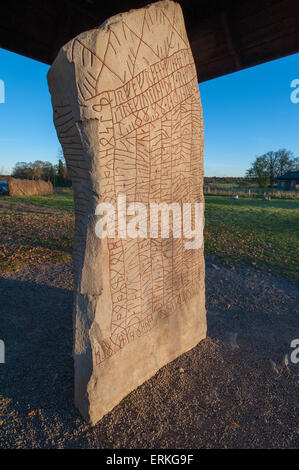 Scritto in pietra dai Vichinghi - le rune Rök pietra dal IX secolo offre la più lunga nota iscrizione runica. Foto Stock