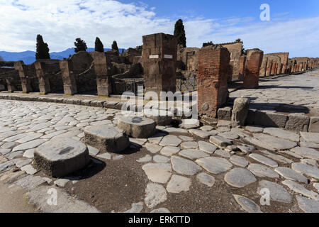 Strada di ciottoli pietre miliari, le rovine romane di Pompei, Sito Patrimonio Mondiale dell'UNESCO, Campania, Italia, Europa Foto Stock