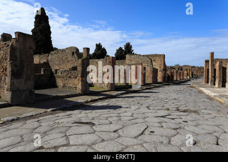 Lunga strada di ciottoli, le rovine romane di Pompei, Sito Patrimonio Mondiale dell'UNESCO, Campania, Italia, Europa Foto Stock