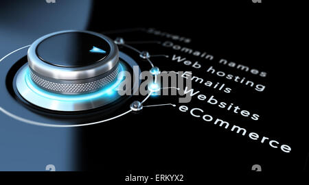 Società di Web design concept. Il pulsante interruttore che puntano a siti web, sfondo nero e blue design Foto Stock