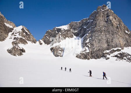 Un gruppo di sciatori advenutre ski-tour sul ghiacciaio Karale circondato da montagne sull isola di Ammassalik, Groenlandia. Foto Stock