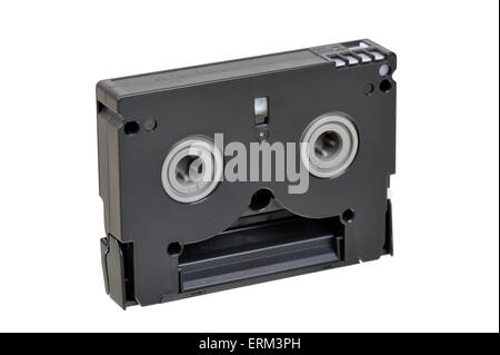 Cassetta Mini DV isolato su bianco. lato posteriore Foto Stock